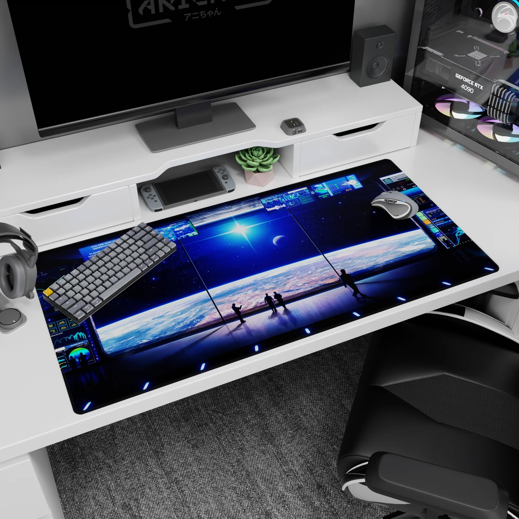 Giant spaceship window scene desk pad 40x20 inches showing a planet curve and glowing horizon line.