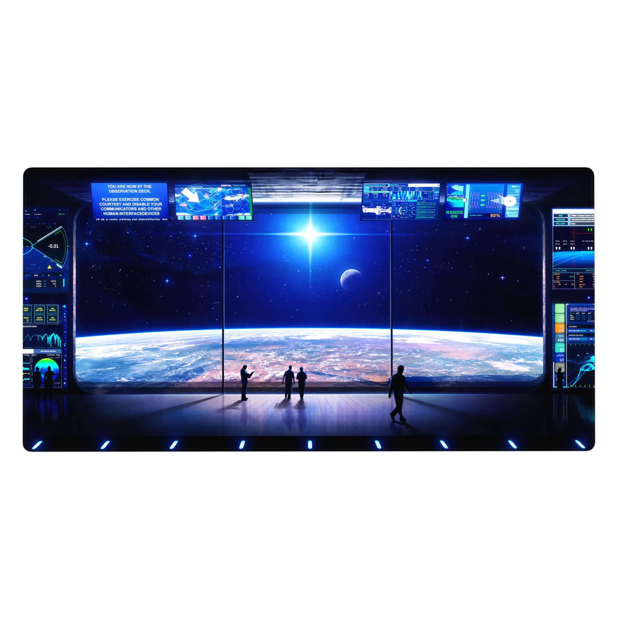Sci-fi window view desk pad 40x20 inches with neon control panels, stars, and planet horizon.