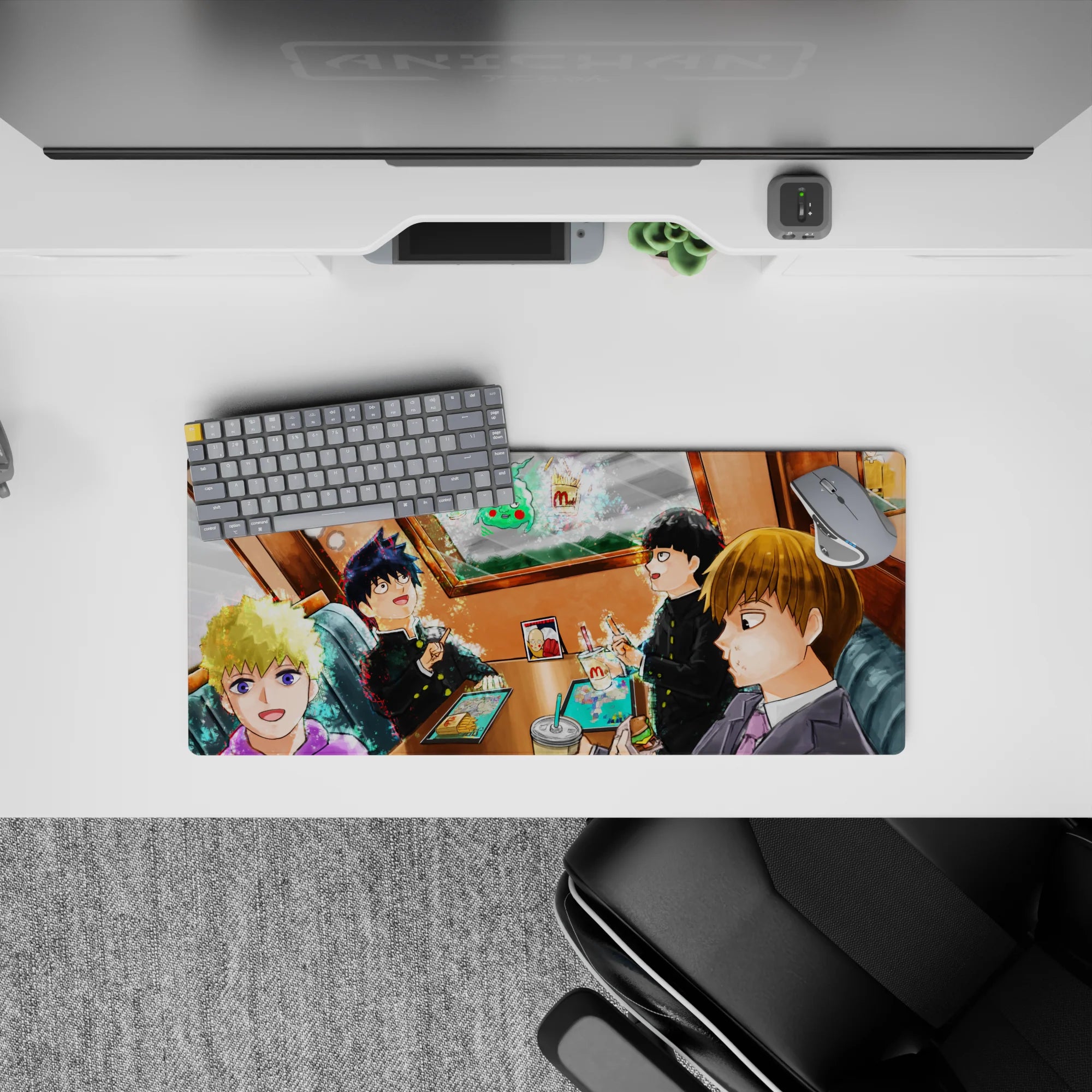 28x12 inches anime mouse pad in warm orange cafe glow, cozy late-night snack vibe, soft shading, bold lines.