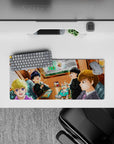 28x12 inches anime mouse pad in warm orange cafe glow, cozy late-night snack vibe, soft shading, bold lines.