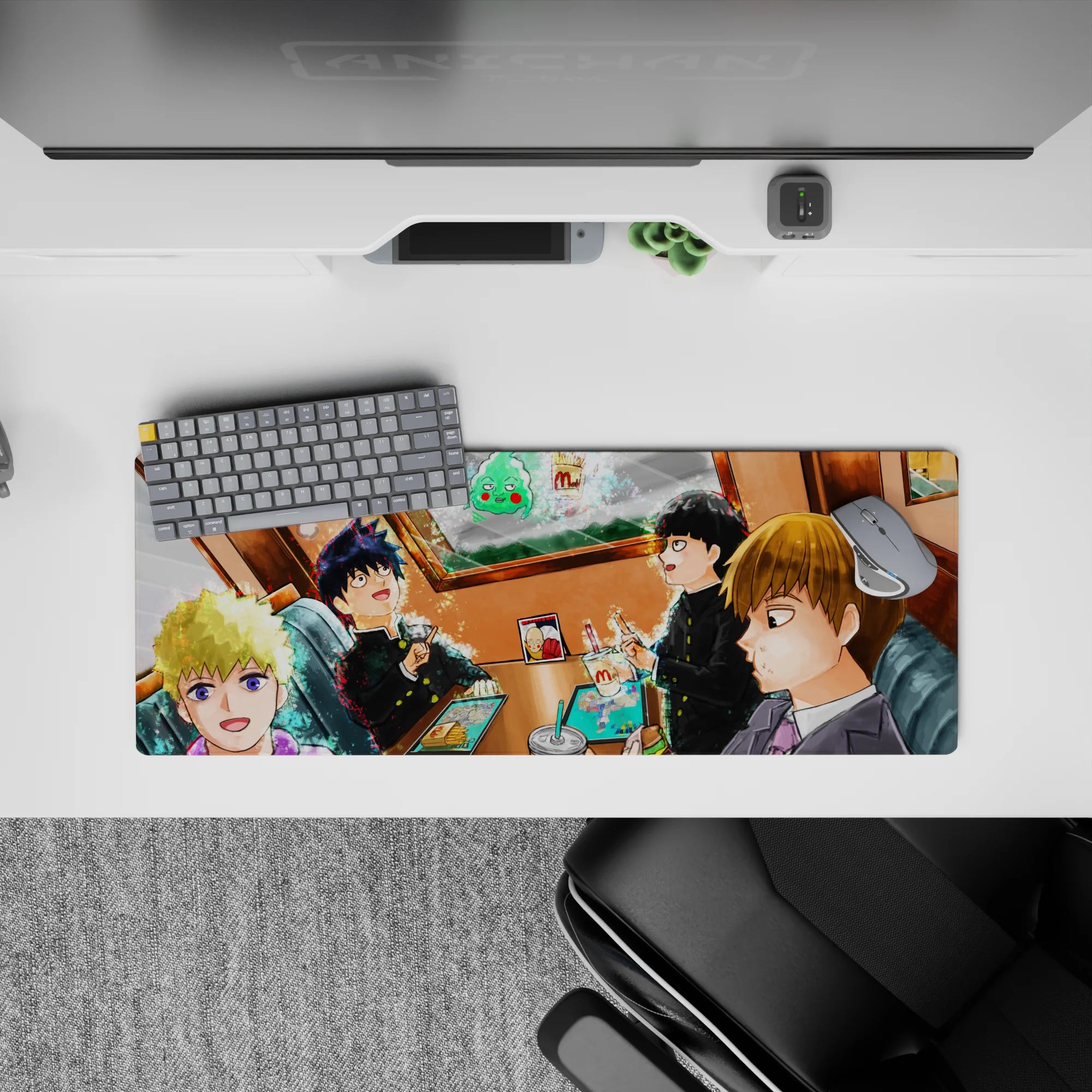 32x12 inches anime mouse pad in warm orange cafe glow, cozy late-night snack vibe, soft shading.