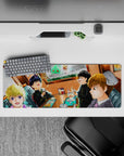 32x12 inches anime mouse pad in warm orange cafe glow, cozy late-night snack vibe, soft shading.