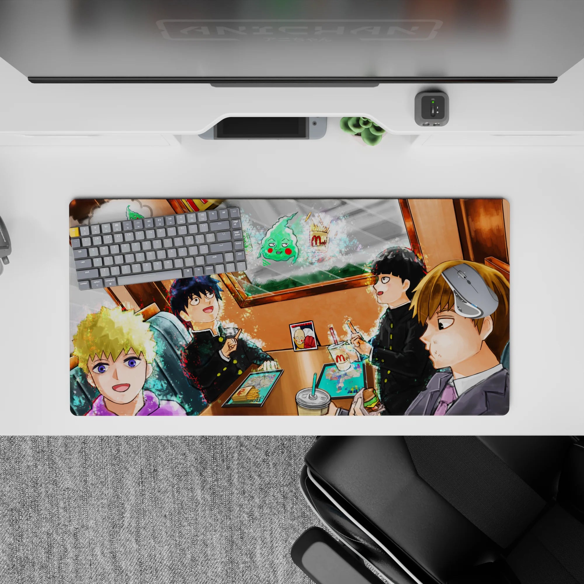 32x16 inches anime mouse pad in warm orange cafe glow, soft shading, late-night snack vibe.