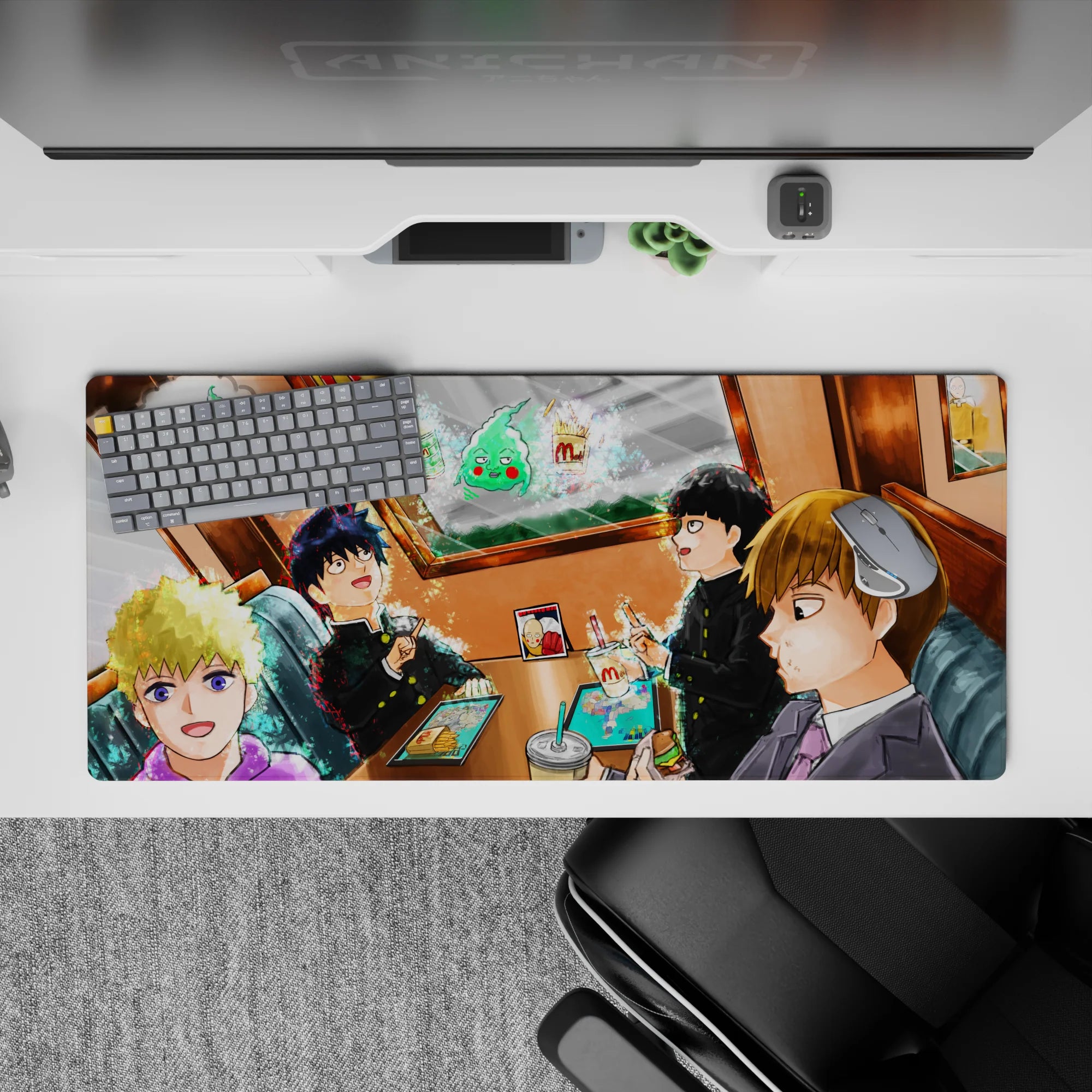 Warm orange cafe glow anime desk pad 36x16 inches, cozy late-night snack mood with sparkles.