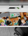 Warm orange cafe glow anime desk pad 36x16 inches, cozy late-night snack mood with sparkles.