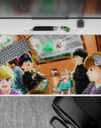 Warm orange window-glow anime desk pad 40x20 inches, cozy late-night snack vibe with soft shading.