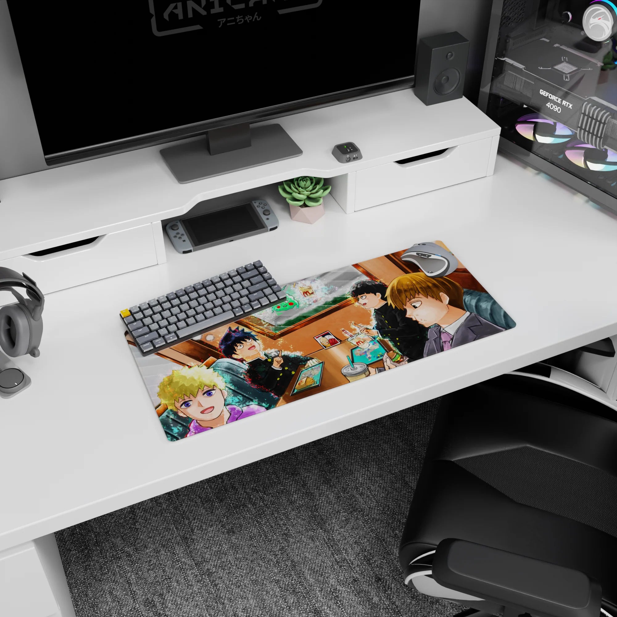 28x12 inches anime mouse pad showing four friends in a booth, messy hair and grins, fries and milkshakes.