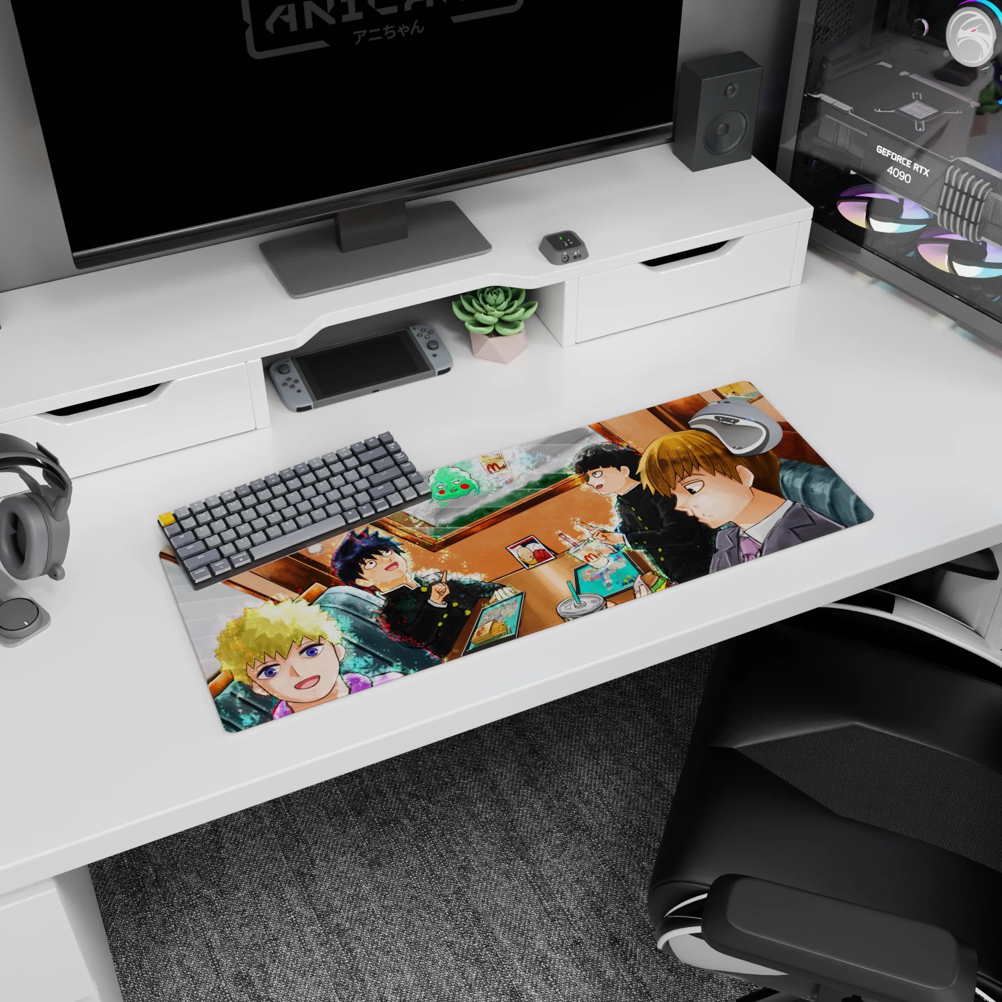 32x12 inches anime mouse pad showing three uniformed students and a suited friend laughing in a booth.