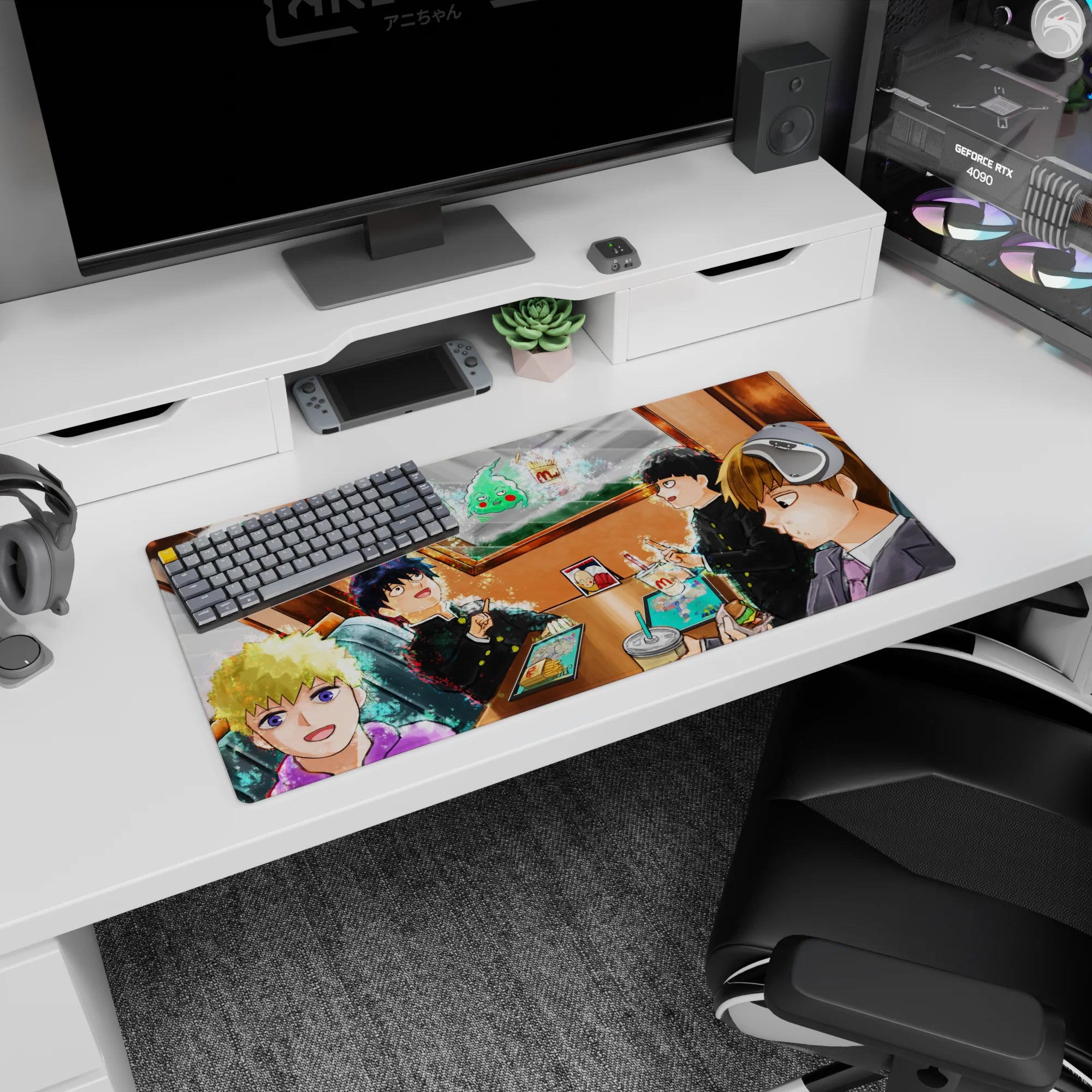 32x16 inches anime mouse pad showing three students and a suited friend laughing in a booth by window light.