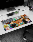 32x16 inches anime mouse pad showing three students and a suited friend laughing in a booth by window light.