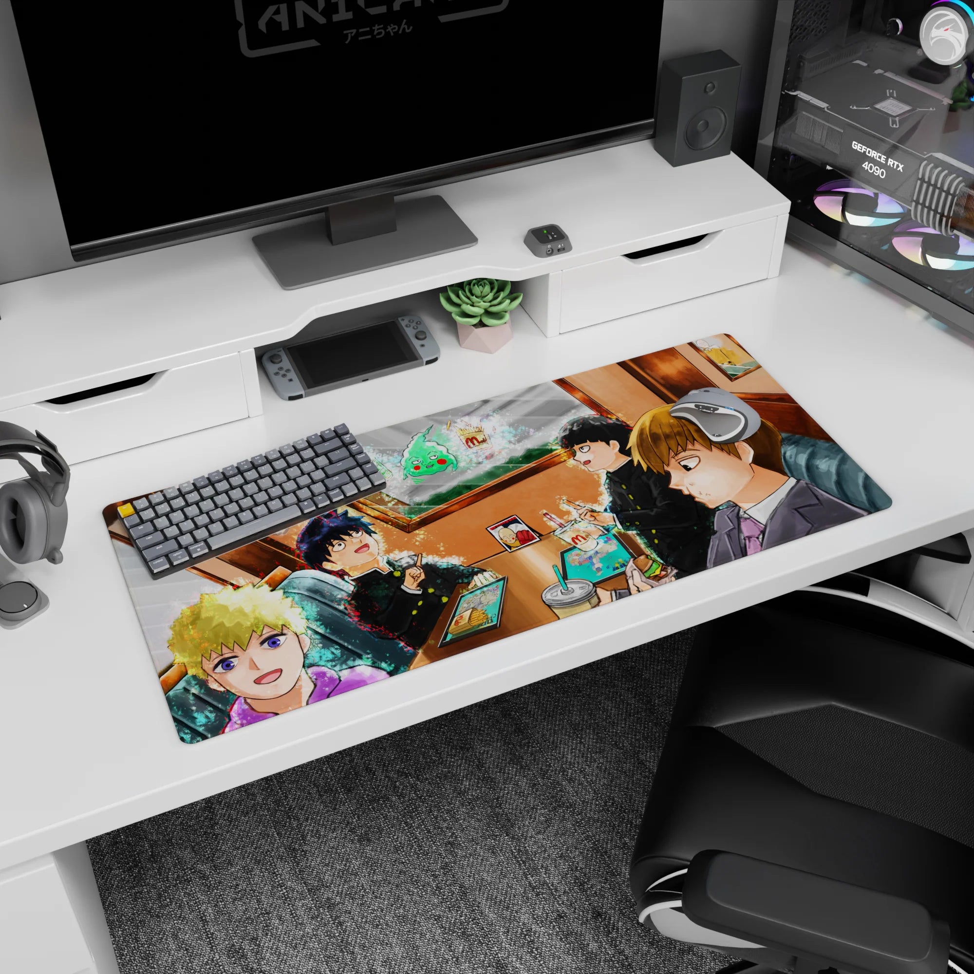 36x16 inches anime desk pad showing four friends in a booth, big-eyed smiles, messy hair, food doodles.
