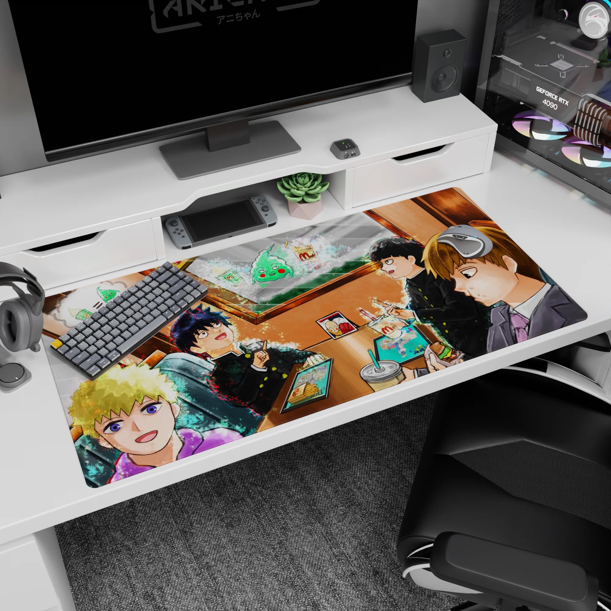 Four anime students in black uniforms plus a suited friend in a booth on 40x20 inches desk pad.