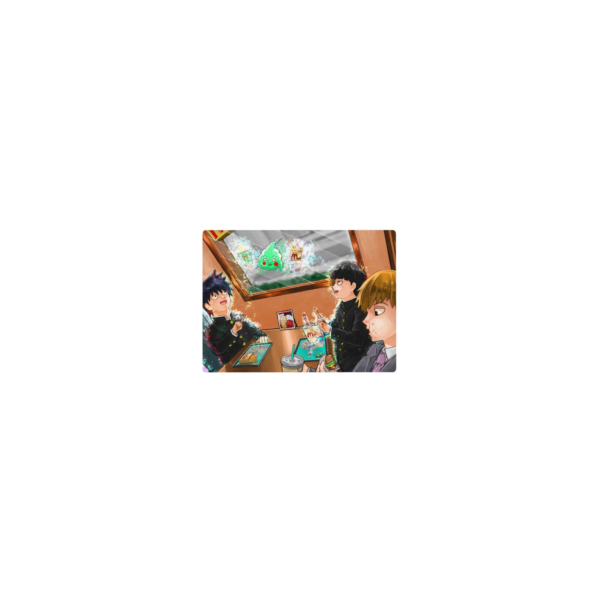 Classic anime mouse pad 14x10 inches, cafe booth scene with four friends, fries, shakes, sparkle doodles.