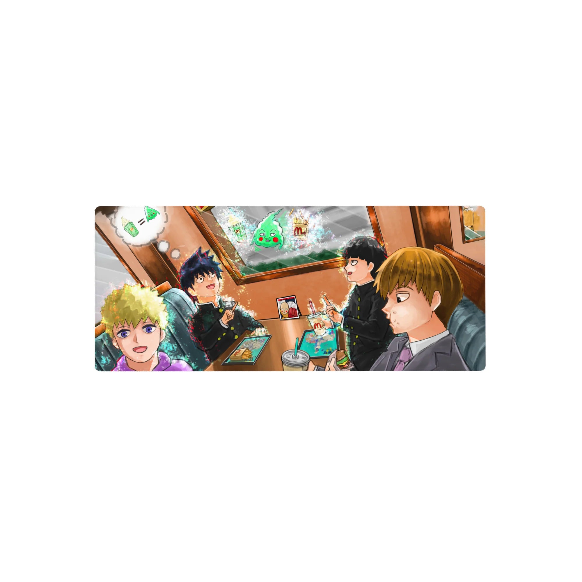 28x12 inches anime mouse pad with cafe booth friends, uniforms and suit, fries, shakes, sparkles, big eyes.
