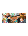 28x12 inches anime mouse pad with cafe booth friends, uniforms and suit, fries, shakes, sparkles, big eyes.