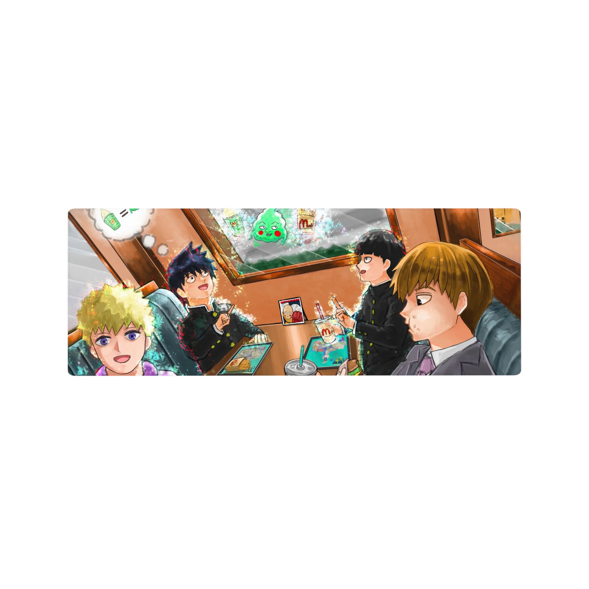 32x12 inches anime mouse pad, cafe booth with students in black uniforms, fries and shakes, sparkles.