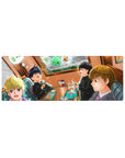 32x12 inches anime mouse pad, cafe booth with students in black uniforms, fries and shakes, sparkles.