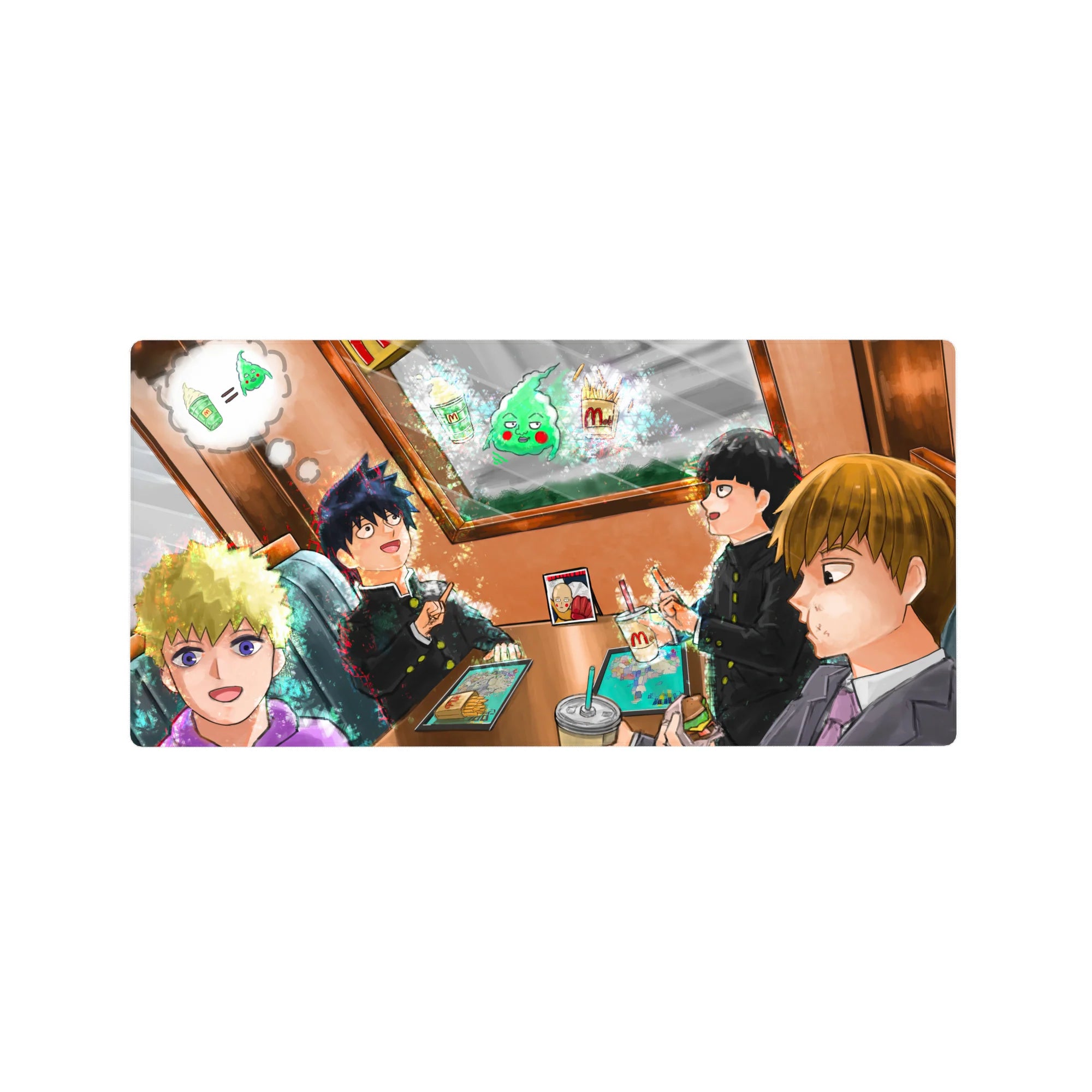 32x16 inches anime mouse pad with cozy cafe booth, four friends, fries and shakes, bold line art.