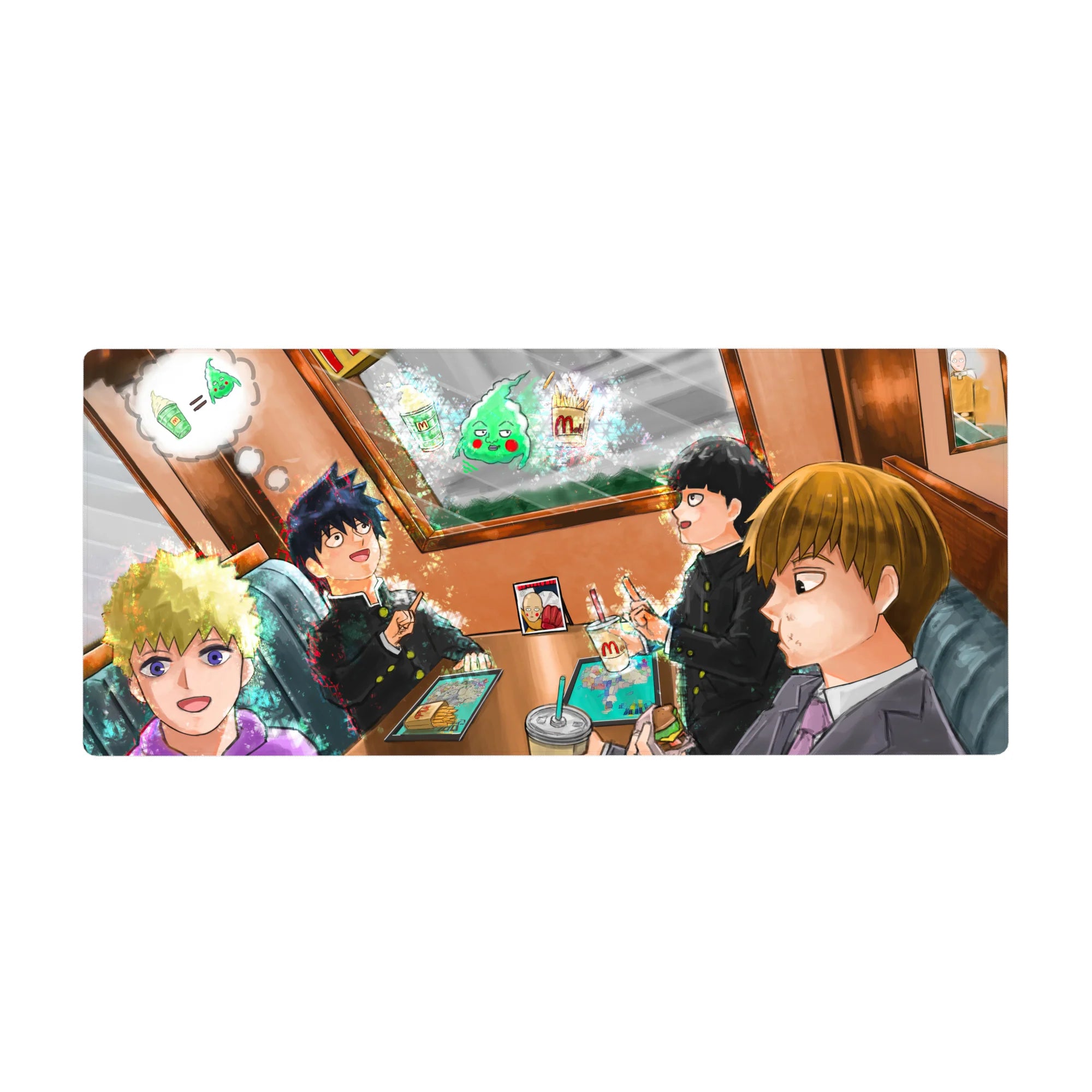 Anime desk pad 36x16 inches with cafe booth friends, fries and shakes, bold lines and soft shading.