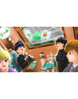 Anime cafe booth desk pad 40x20 inches with four friends, fries and shakes, bold lines and sparkles.