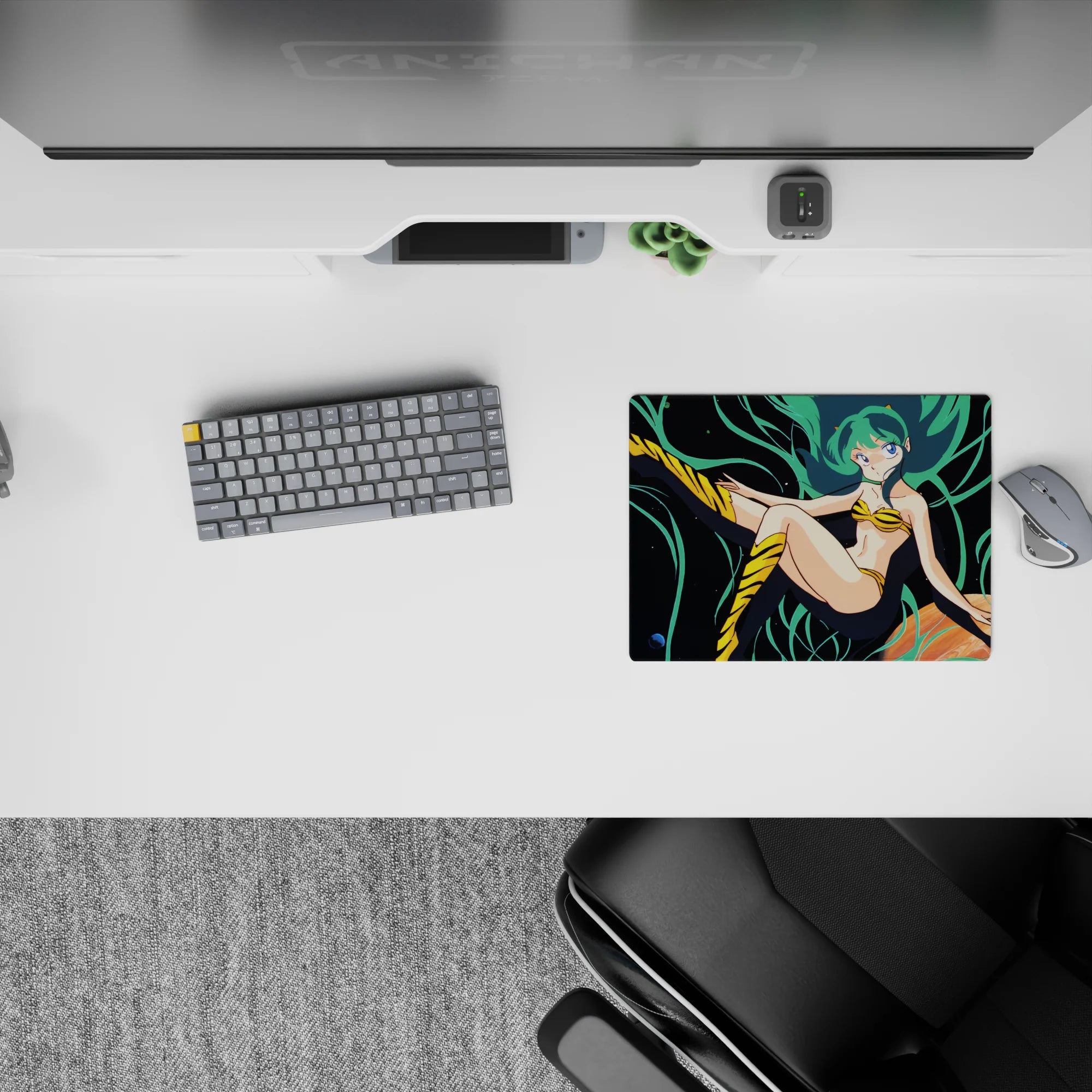 14x10 inches classic anime girl mouse pad in neon teal and deep space black with playful cosmic vibe.