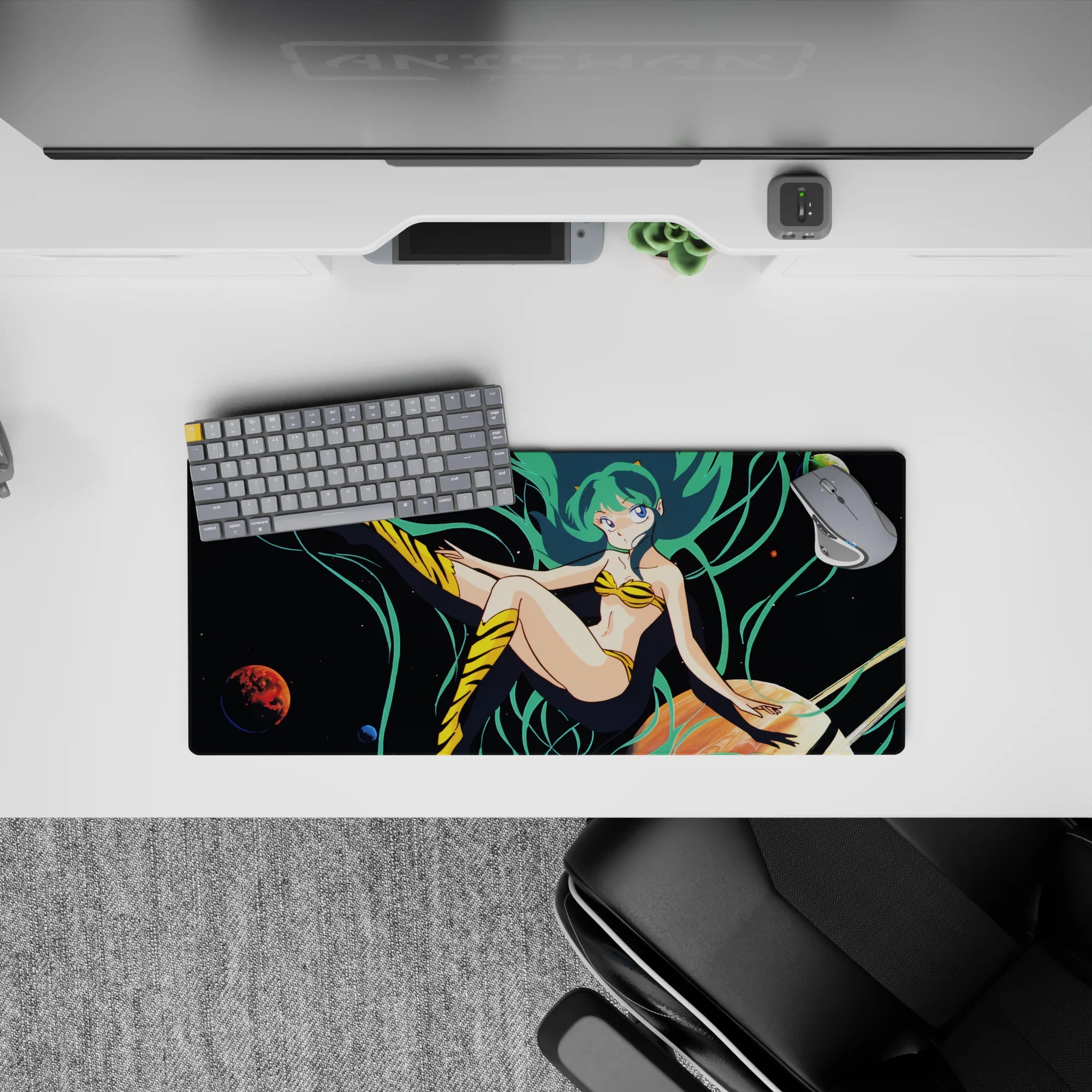 28x12 inches neon teal and deep space black anime mouse pad with playful starry vibe and comfy wrist feel.