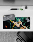 28x12 inches neon teal and deep space black anime mouse pad with playful starry vibe and comfy wrist feel.