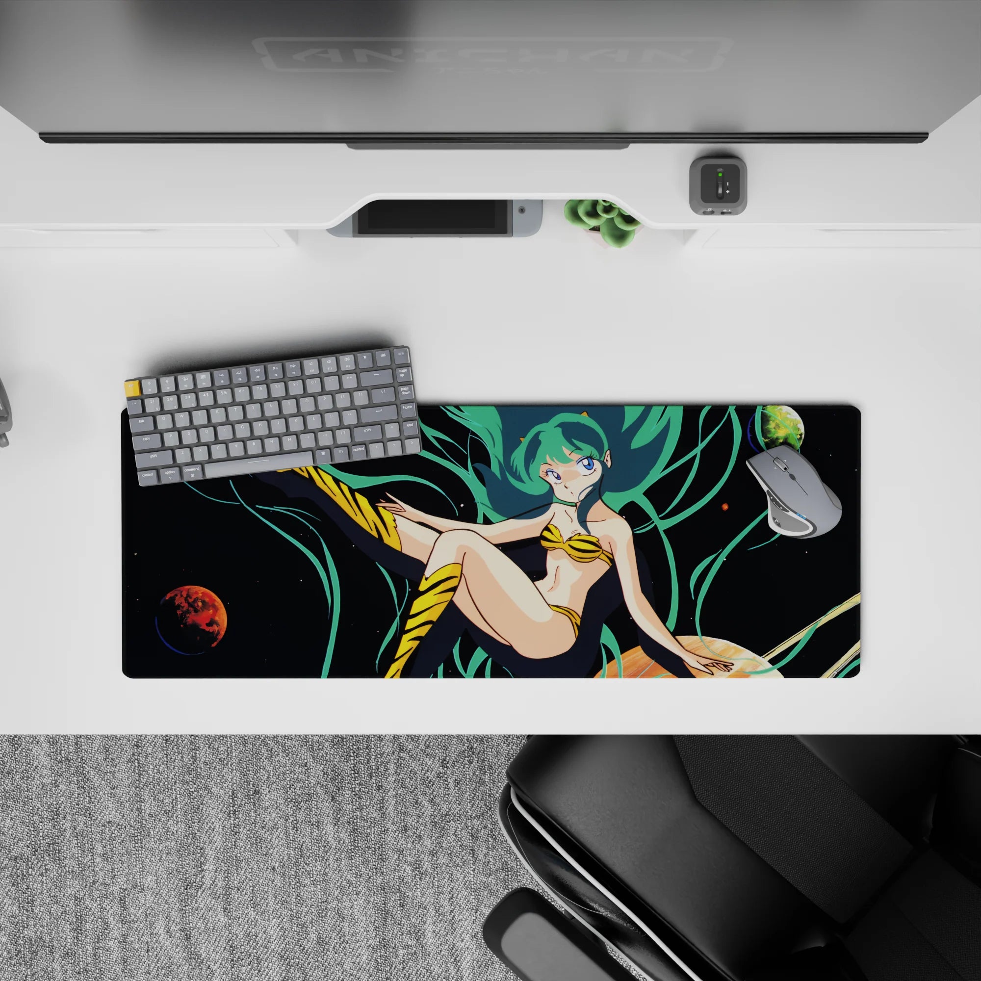 32x12 inches neon teal and deep-space black anime desk mouse pad, playful starry vibe and comfy glide.