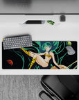 32x12 inches neon teal and deep-space black anime desk mouse pad, playful starry vibe and comfy glide.