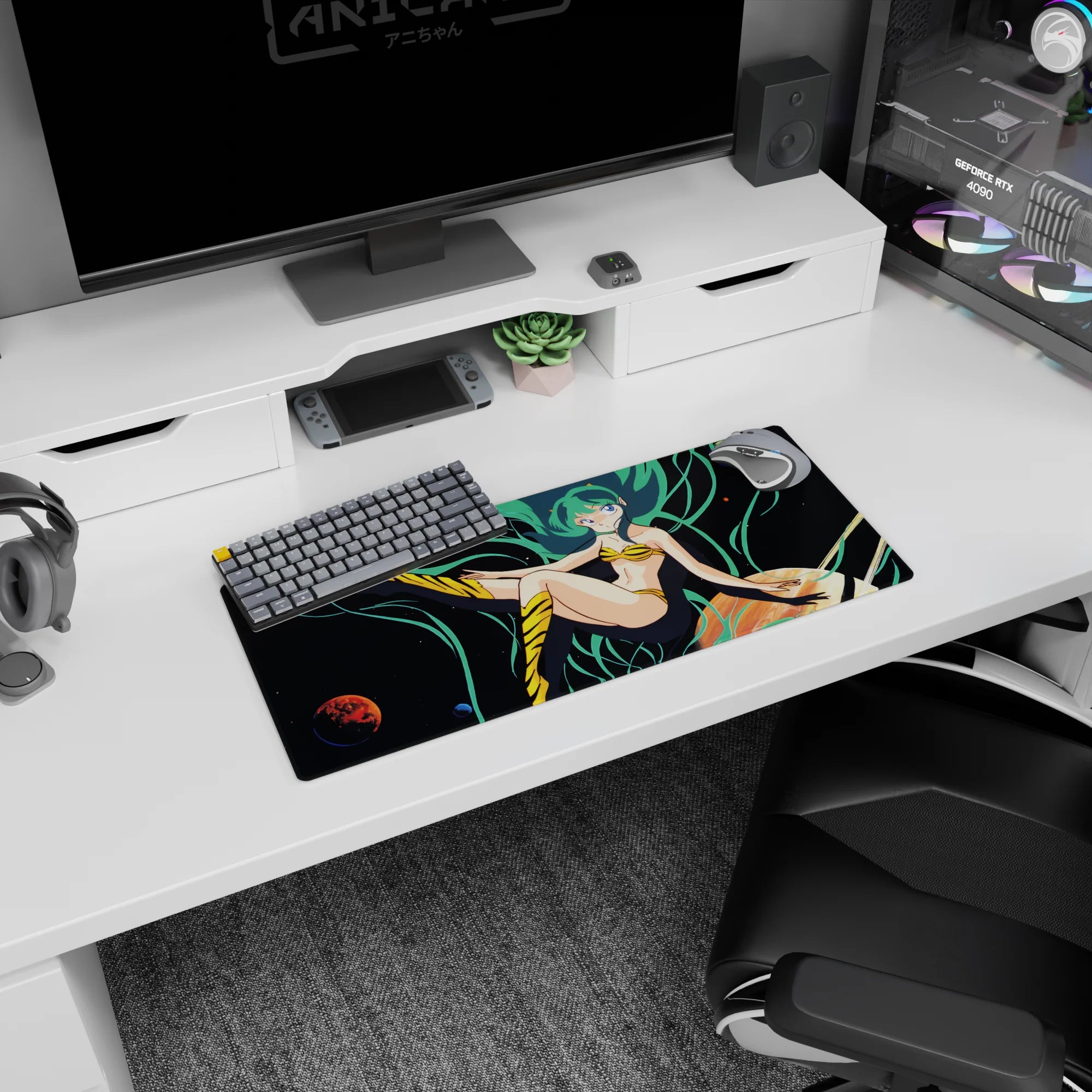 28x12 inches Urusei Yatsura Lum mouse pad, sea-green hair flowing, tiger-stripe bikini and boots in space.