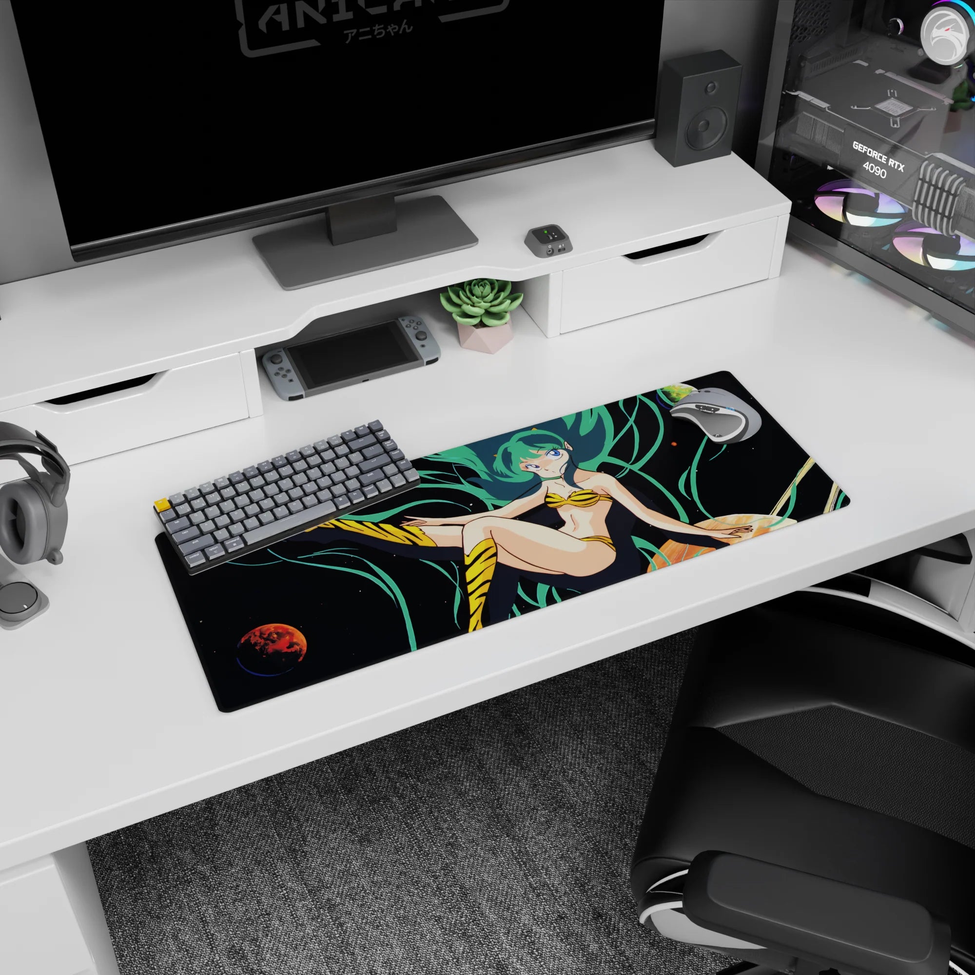 32x12 inches Urusei Yatsura Lum mouse pad, sea-green hair flowing, tiger-stripe bikini and boots, planets.