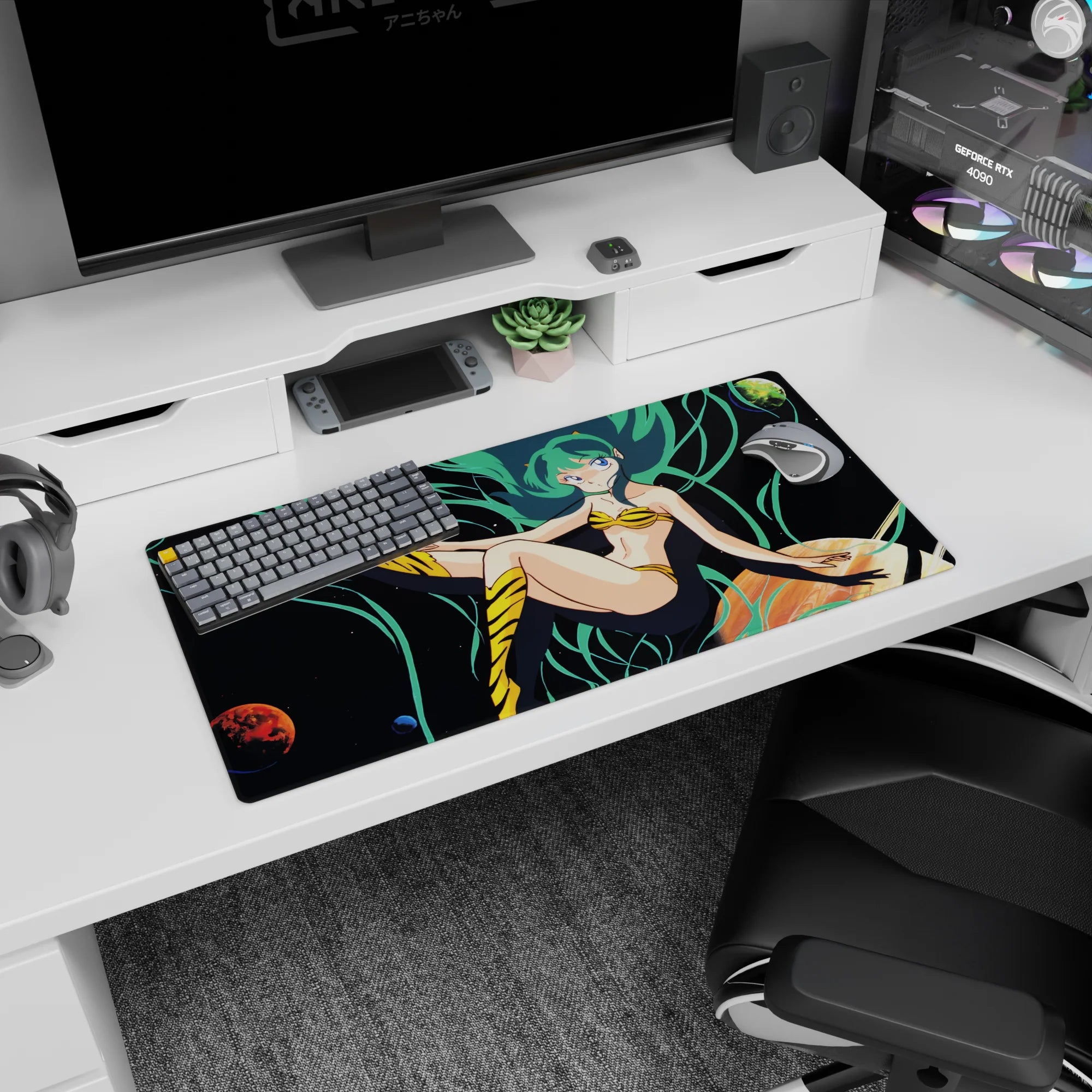 32x16 inches Urusei Yatsura Lum mouse pad, flowing sea-green hair, starry sky backdrop, tiny planets.