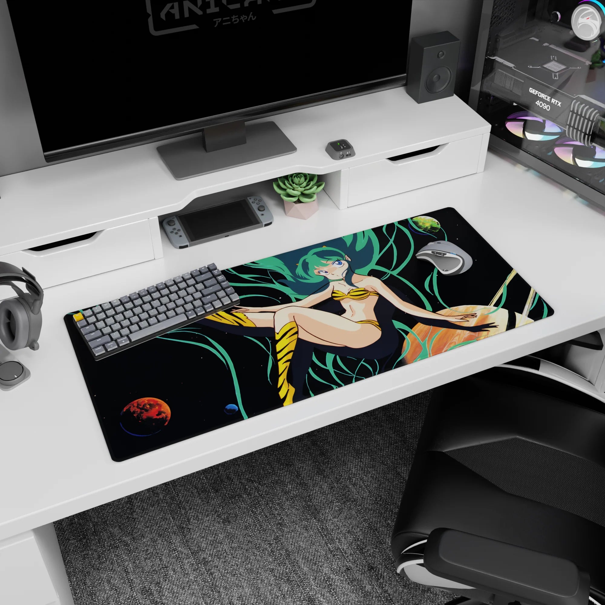 Lum from Urusei Yatsura on a 36x16 inches anime desk pad, hair flowing amid stars and tiny planets.