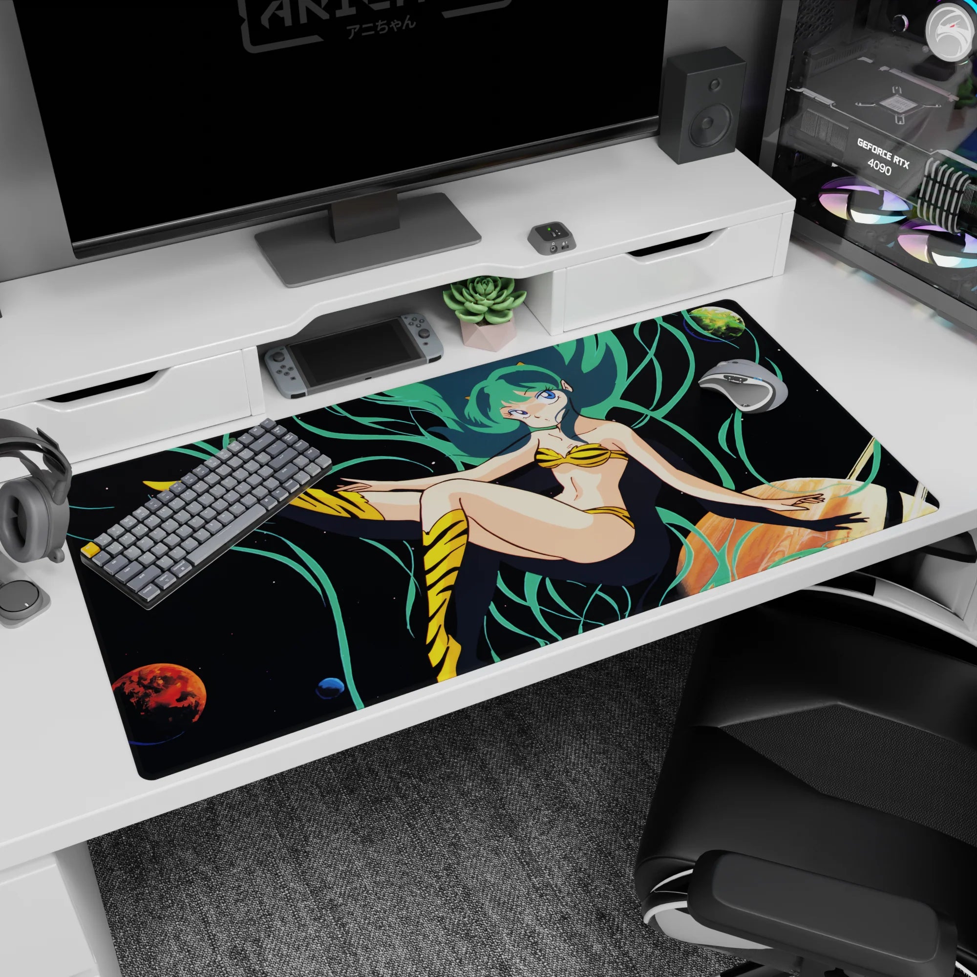 Urusei Yatsura Lum mouse desk pad 40x20 inches, sea-green hair streaming over a starry sky.