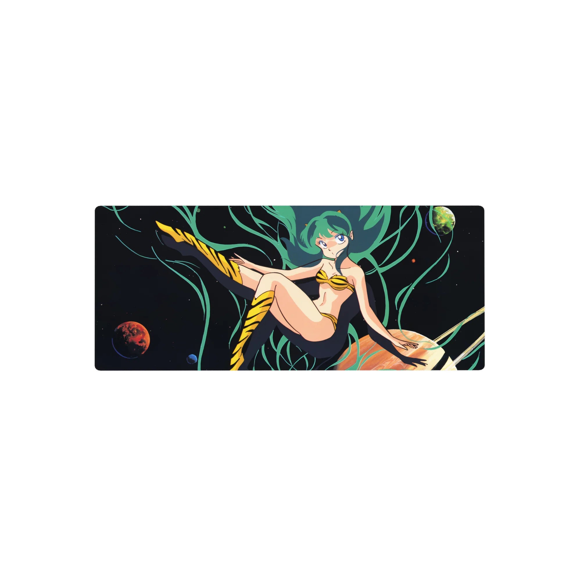 28x12 inches anime girl mouse pad with Lum in a cosmic space scene, planets floating, smooth desk mat.