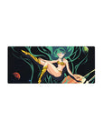 28x12 inches anime girl mouse pad with Lum in a cosmic space scene, planets floating, smooth desk mat.