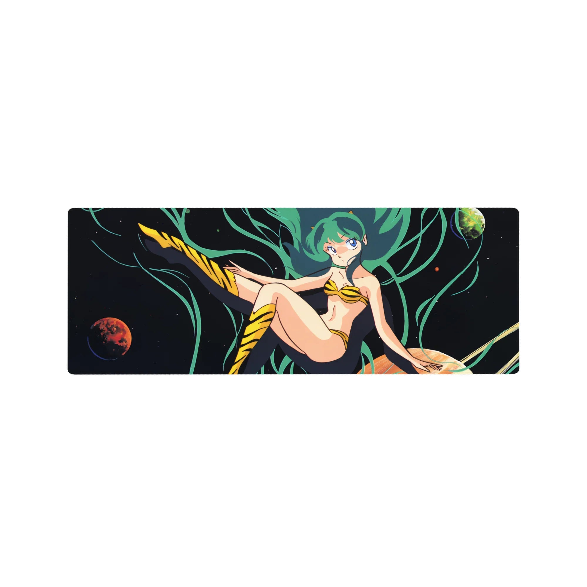 32x12 inches anime girl mouse pad with Lum in a cosmic space scene, planets floating, smooth desk mat.