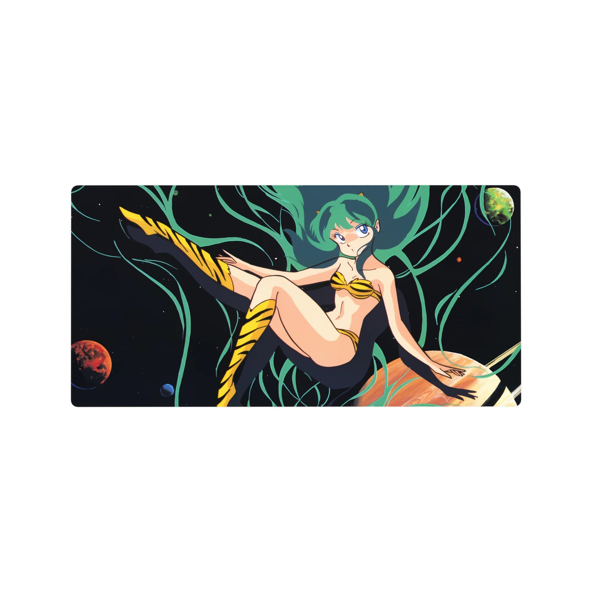 32x16 inches anime girl desk mouse pad with Lum in a cosmic space scene, planets and tiger-stripe outfit.