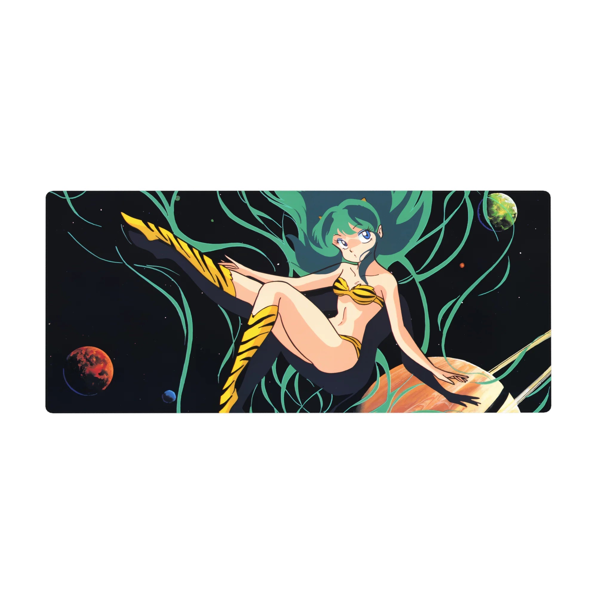 Cosmic anime girl desk pad 36x16 inches with teal-haired pinup, planets, and tiger-stripe outfit.