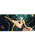 Cosmic anime girl desk pad 36x16 inches with teal-haired pinup, planets, and tiger-stripe outfit.