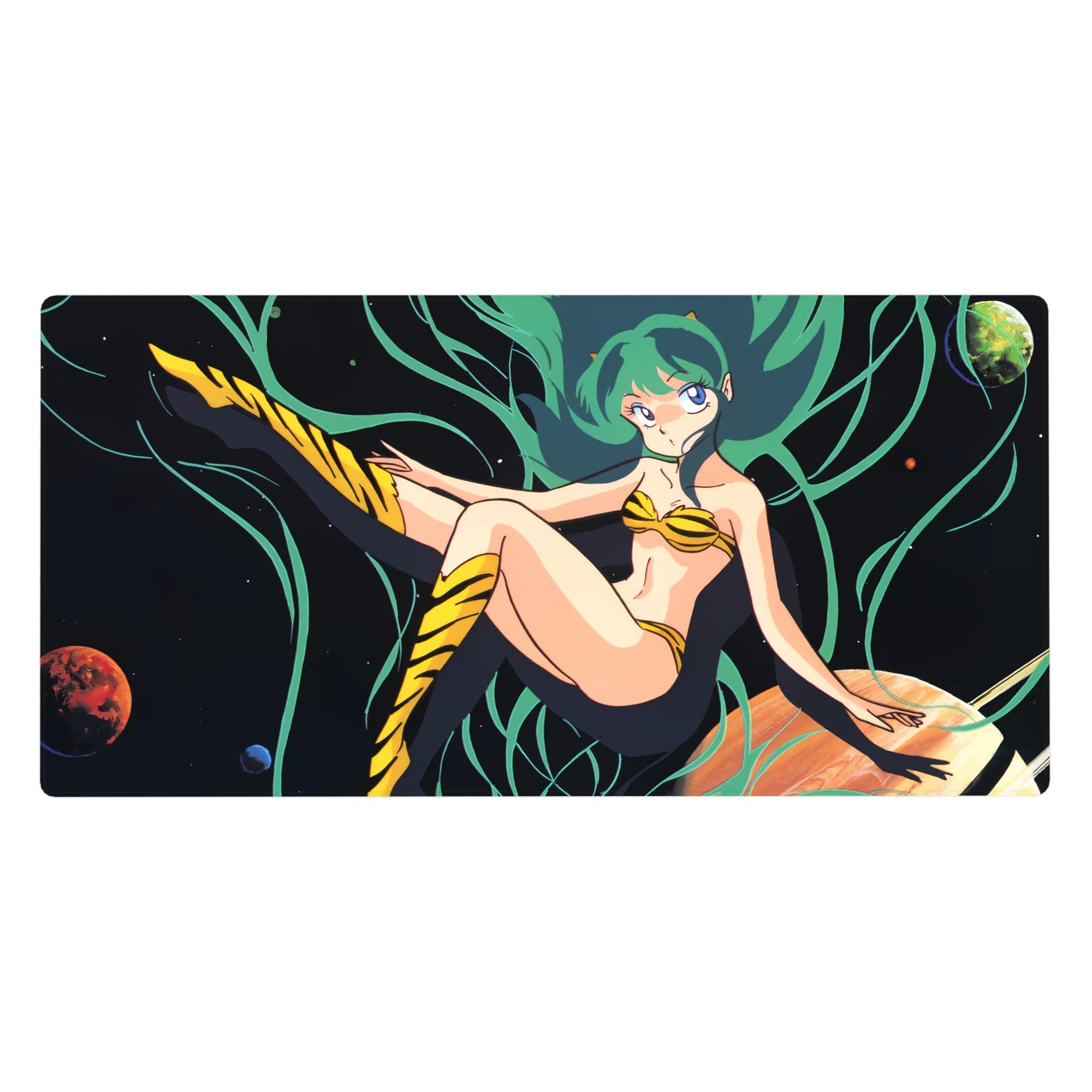 Anime girl desk pad 40x20 inches with Lum floating in space, planets, tiger-stripe boots and bikini.