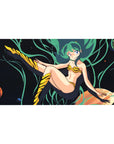 Anime girl desk pad 40x20 inches with Lum floating in space, planets, tiger-stripe boots and bikini.