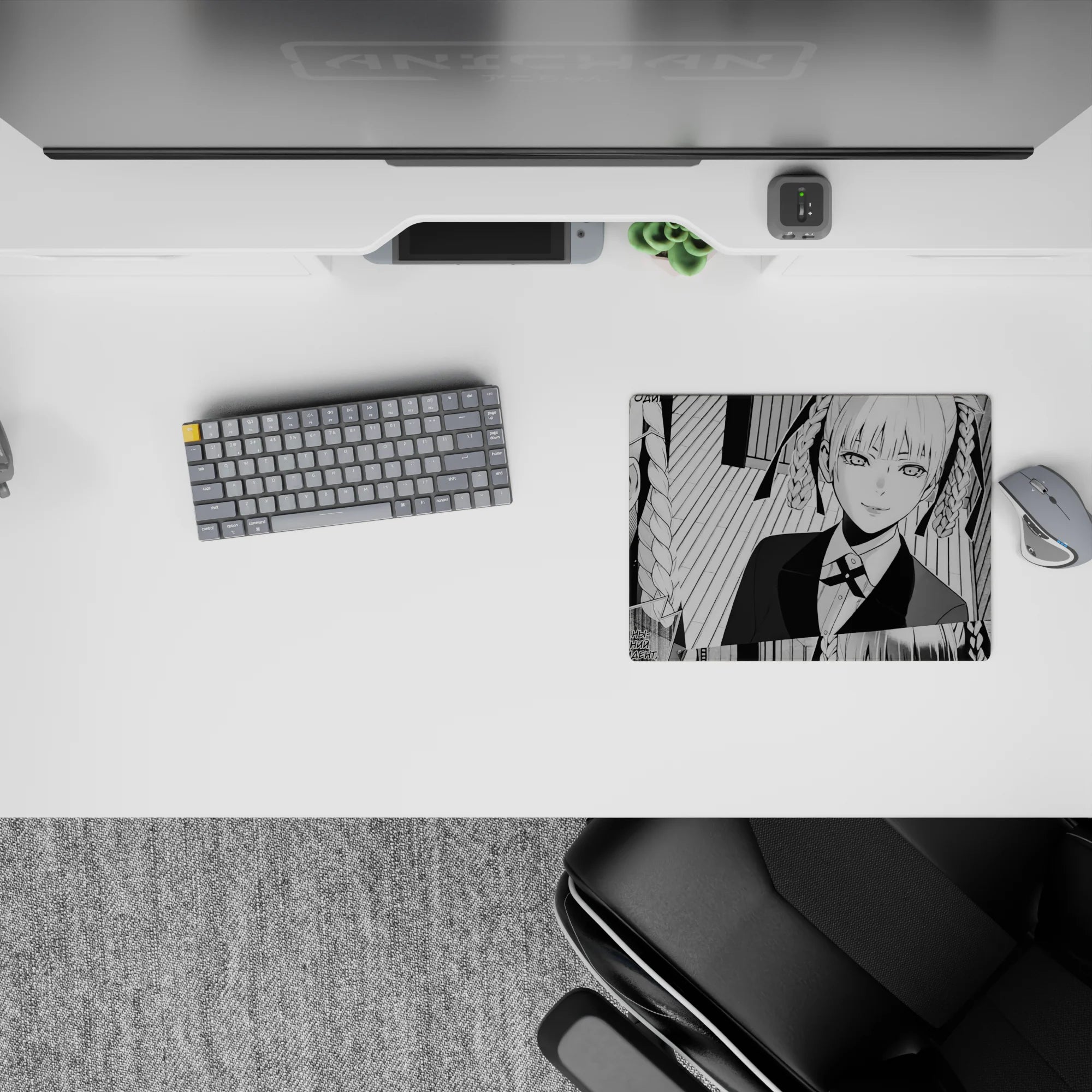 14x10 inches black-and-white manga style mouse pad, bold shading and cool smirk mood with striped backdrop.