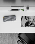 14x10 inches black-and-white manga style mouse pad, bold shading and cool smirk mood with striped backdrop.
