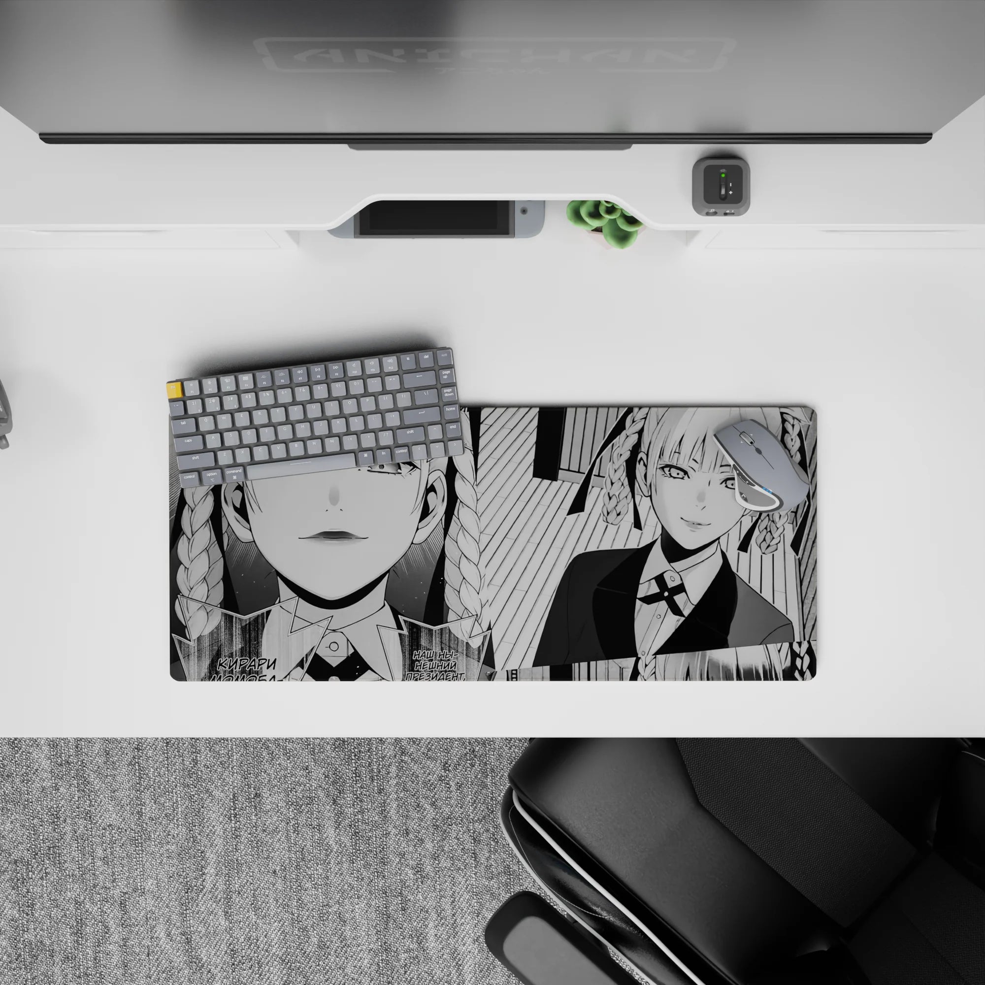 28x12 inches monochrome manga-style desk mat, bold shading and striped backdrop with cool smirk mood.