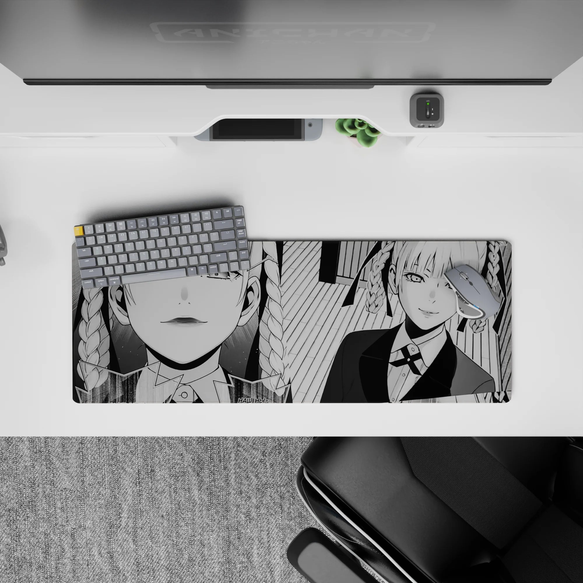 32x12 inches monochrome manga desk mat with bold shading, striped backdrop, and cool smirking vibe.