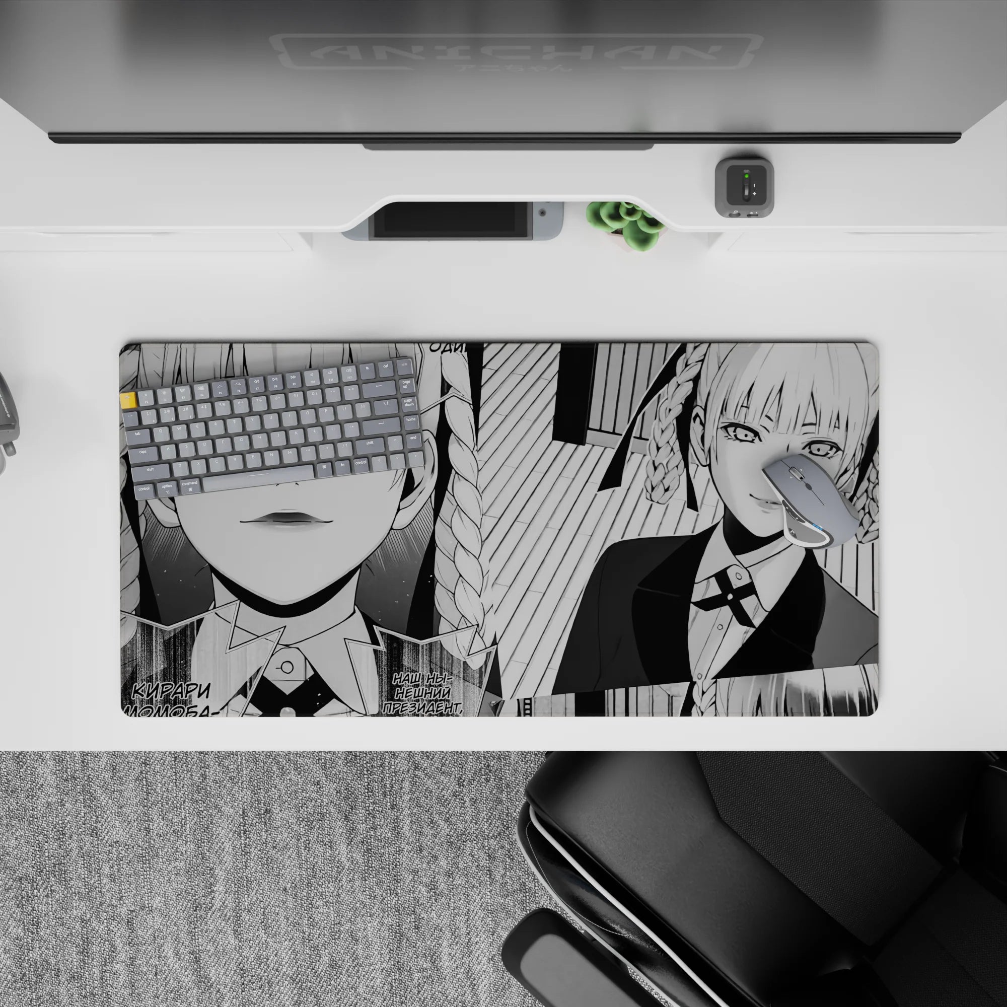 Bold black-and-white shading anime desk mat with cool smirking vibe, striped backdrop, 32x16 inches.