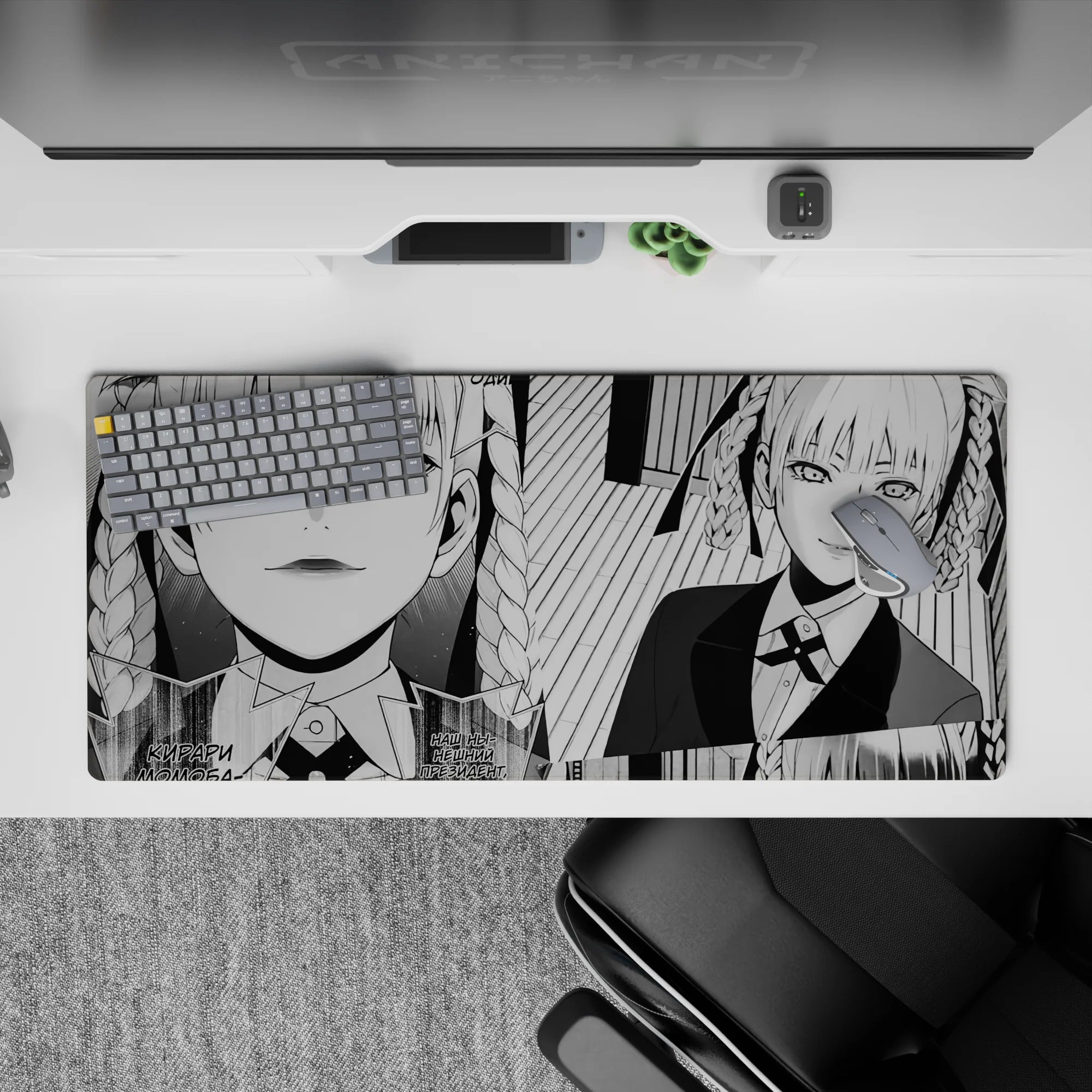 36x16 inches black-and-white manga desk pad with bold shading, striped backdrop, cool smirking vibe.
