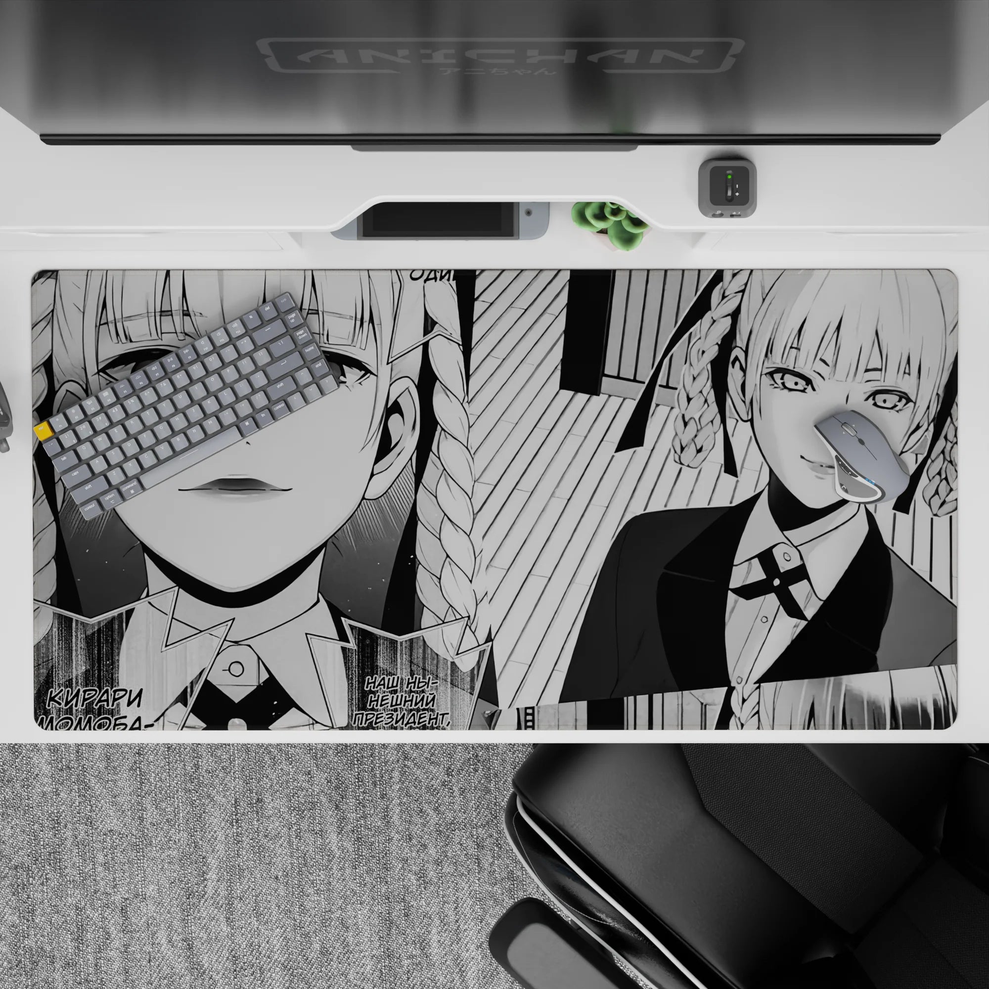 Monochrome striped background with bold shading, cool smirking vibe desk pad 40x20 inches.