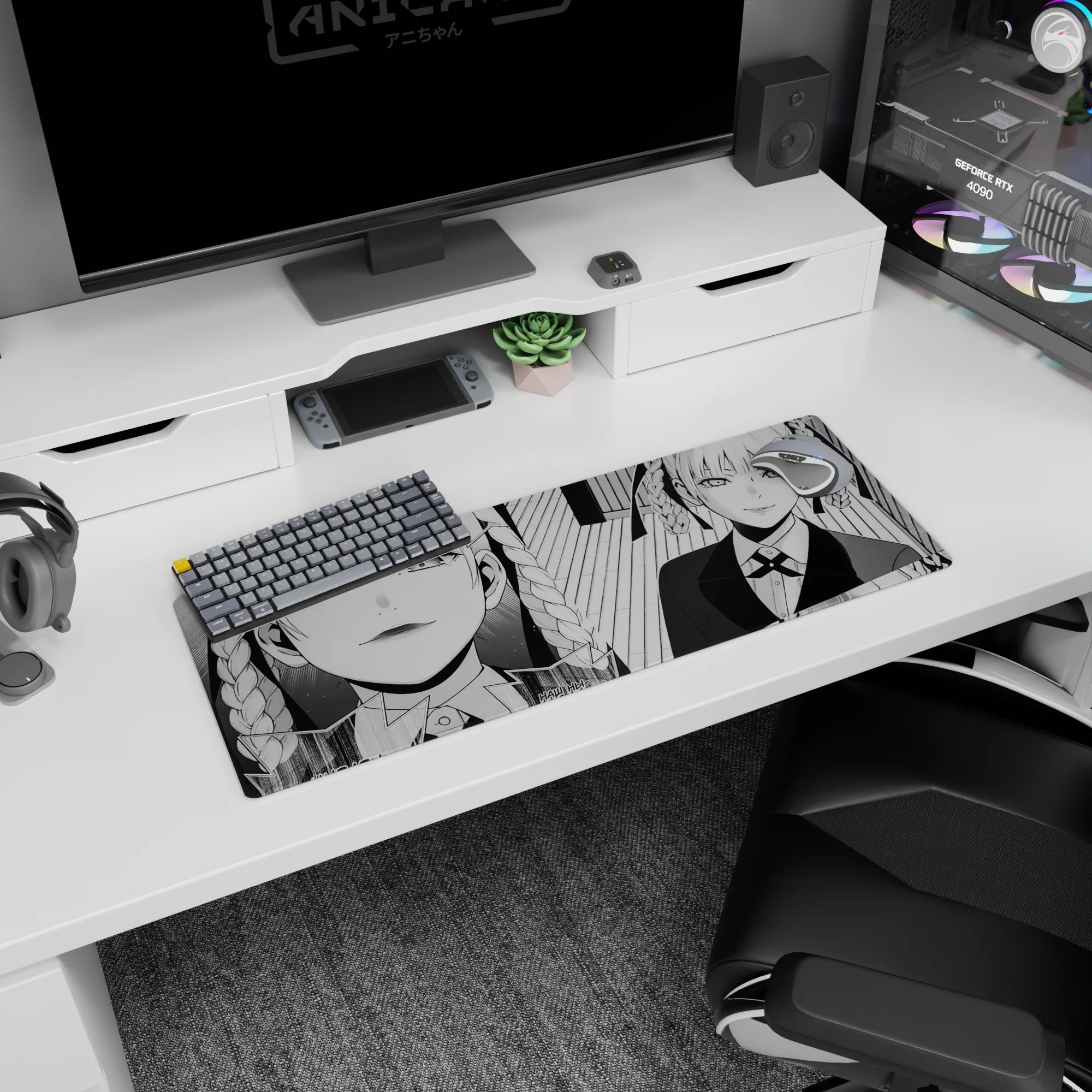 32x12 inches anime mouse pad showing a sharp-eyed braided girl in a suit, close-up then full pose.